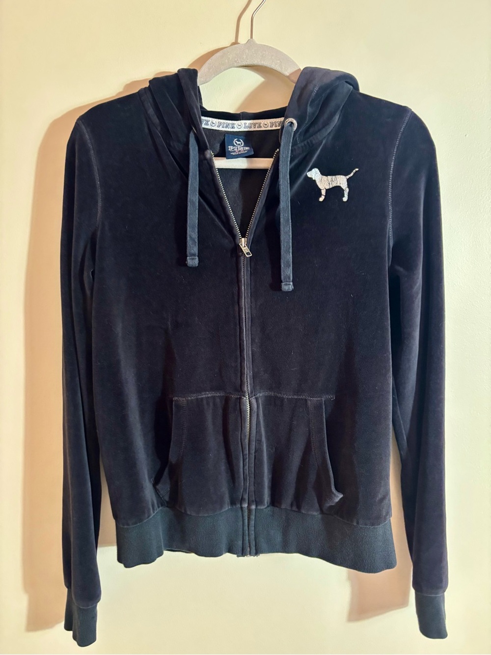 PINK Victoria's Secret Y2k Vintage Era Velour Logo Zip-Up Hoodie Jacket Black